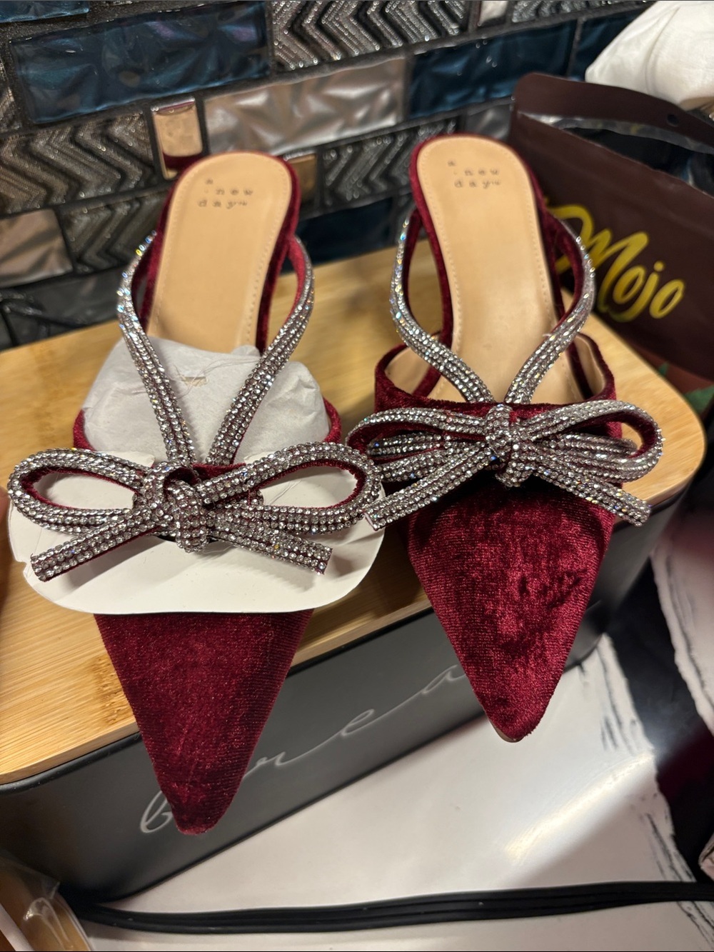 a new day Burgundy Velvet Pointed Mules with Crystal Bow Trim - Picture 5 of 6